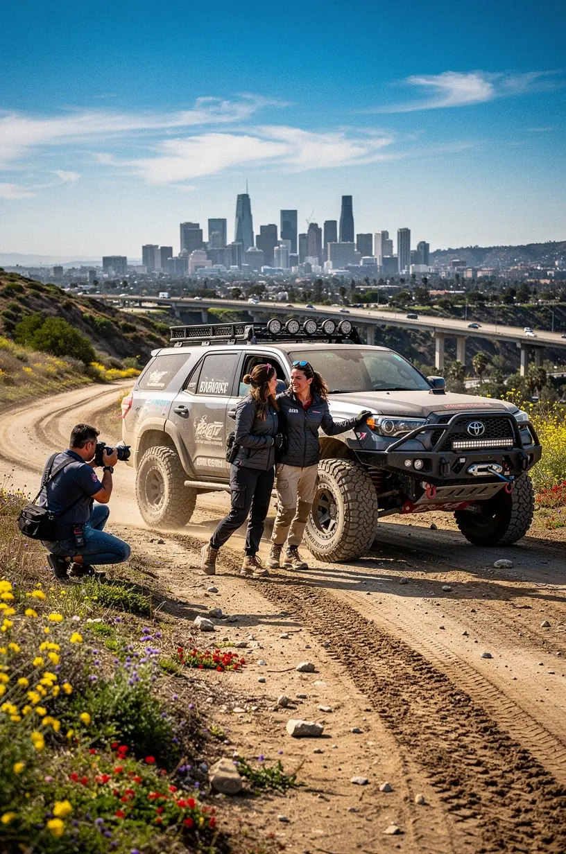 Team of specialists consulting over vehicle modifications and tuning plans in a modern Los Angeles off-road garage.