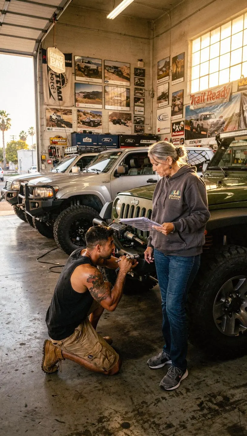 Mechanic tuning engine performance on a high-performance SUV using diagnostic tools in a clean garage setting.